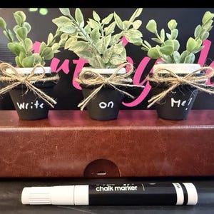 May include: Three small black pots with faux greenery, tied with twine bows, each with a white label. The labels read "Write on Me!". A black and white chalk marker is in front of the pots. The background is black with pink lettering.