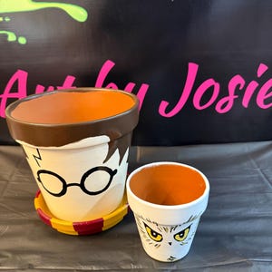 May include: Two hand-painted ceramic flower pots. One pot is white with a brown rim and features a character's face with glasses. The other pot is white with a yellow and orange interior and features an owl face. The pots are on a black surface.