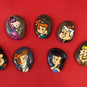 Yabba Dabba Rocks – Hand-Painted Flintstones Cartoon Character Collectible Stone Set - Fred, Wilma, Barney, Betty, Pebbles, Bamm-Bamm & Dino