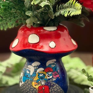 The Smurfs ““Smurfs in Paris – Hand-Painted Mushroom Vase/Planter with Vespa Chase Scene” One of a Kind!