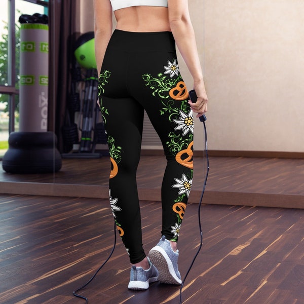 Pretzel & Edelweiss Leggings | Oktoberfest Yoga Pants | Edelweiss Flower Clothing