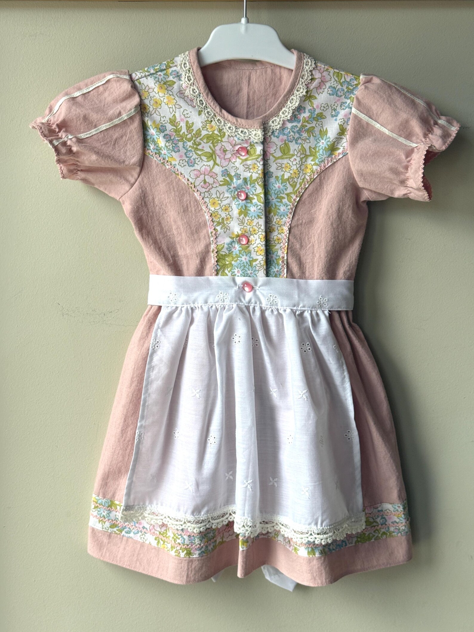 Little Girls Pink Floral Dirndl Dress | Handmade Bavarian Folk Apron Dress (Size 2T-3T)