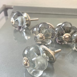 May include: A collection of clear, flower-shaped cabinet knobs with silver-colored metal accents. The knobs are made of a translucent material and are arranged on a light gray surface. The flower design has multiple petals.