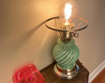 Vintage Green Glass Lamp, Electrified Oil Lamp with Loop Pattern
