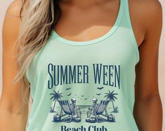 Summerween Racerback Tank, Halloween Skeletons on the Beach Tank Top, Spooky Cute Summer Halloween Shirt for Women, Halloween Island Shirt