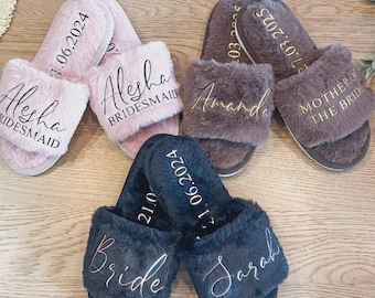 Personalized Fluffy Slippers, Custom Bride Slippers, Fluffy Bridesmaid Slippers, Bride Slipper, Gifts for Bridesmaids, MOA slippers