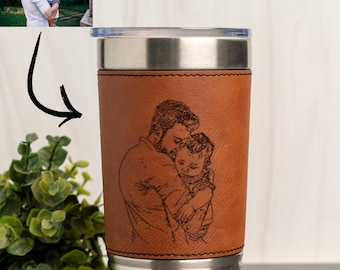 Personalized Photo 20oz Leather Wrapped Tumbler, Custom Fathers Day Gift, Birthday Gift for Dad, Daddy Thermos, Male Tumbler, Thermos Dad