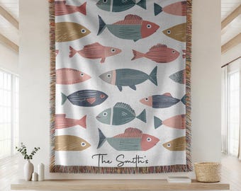 Fish Blanket, Fishing Blanket, Lake House Woven Blanket, Gift for Fisherman, Rainbow Trout Throw Blanket