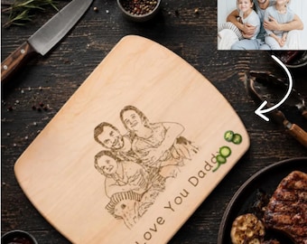 Tábua de corte personalizada com desenho de foto, presente para o Dia dos Pais, bandeja para churrasco para o papai, presente para o marido, presente para papai de primeira viagem, pai e churrasco