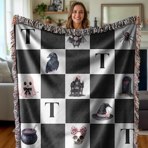 Personalized Checkered Halloween Woven Blanket,  Goth Halloween Woven Blanket, Halloween Blanke,