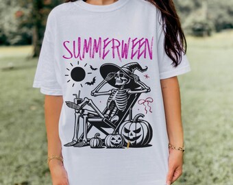 Camisa de esqueleto Summerween, regata e camiseta de praia assustadoras, regata feminina de Halloween, camiseta de praia assustadora, camiseta da ilha de Halloween