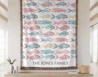Personalized Fish Blanket, Custom Family Name Throw, Fishing Gift, Custom Fish Baby Blanket, Family Keepsake Gift