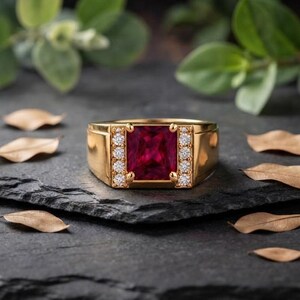Ruby Gold Plated Men's Signet Ring, Red Gemstone CZ Accent (German Silver)