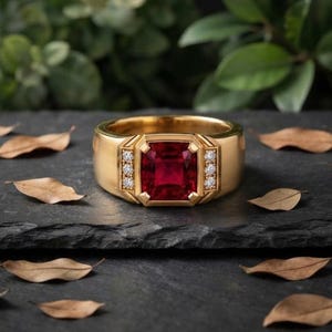 Ruby Gold Plated Men's Signet Ring, Red Gemstone CZ Accent (German Silver)
