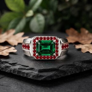Men's Emerald Cut Signet Ring, Silver Plated, Ruby CZ Accents, Geometric Statement Jewelry