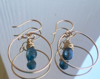 Blue Zircon and 14kt Gold Earrings; 14kt yellow gold Hoop Earrings; Wrap Briolette Earrings; Blue Zircon Earrings; 14kt Pure Gold Earrings