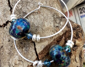 Sterling Silver Hoop and Blue Boro Bead Earrings, Sterling Silver Hoop Earrings, Blue Boro Bead Hoop Earrings, Statement Earrings