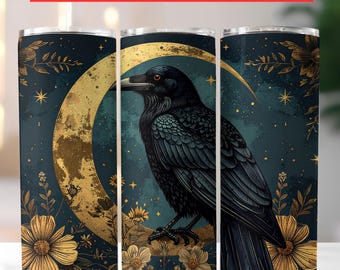 Gothic Raven Celestial Moon Tumbler Wrap PNG, Botanical 20 oz Skinny Cup Sublimation