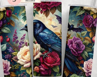 Gothic Raven Tumbler Wrap PNG | 20 Unzen Skinny Tumbler Wrap | Blumen Tier Sublimation PNG | Botanisches Schalentuch