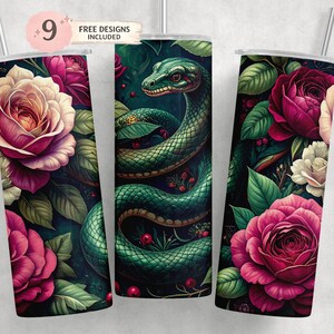 Étiquette pour gobelet motif serpent gothique | Serpent botanique sombre PNG | Gobelet fin 59 cl à motif floral par sublimation
