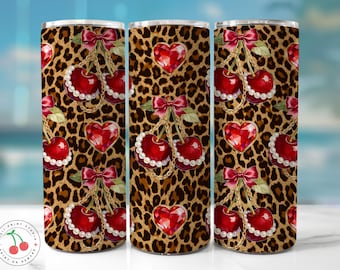 Cherry Coquette Tumbler Wrap PNG | Leopard Girly Sublimation Design | 20oz Skinny Tumbler Wrap | Digital Download