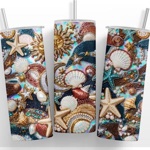 20oz Skinny Tumbler Wrap PNG | Jeweled Seashell Coastal Design | Iridescent Pearl Ocean Wrap | Sun Moon Celestial Sublimation Artwork