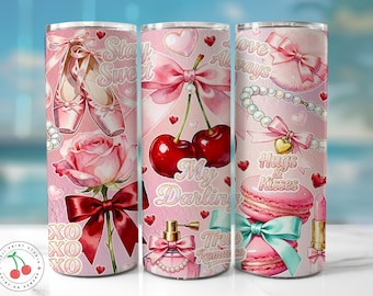 Coquette Cherry Tumbler Wrap PNG | Pink Bow Cute Aesthetic Sublimation 20oz Skinny Design Digital Download