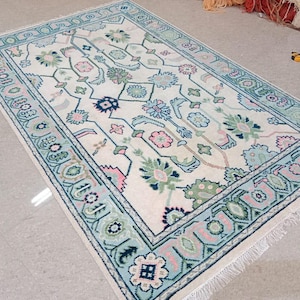 Hand-Knotted Turkish Oushak Rug: Large Ivory, Gray & Blue Wool Carpet