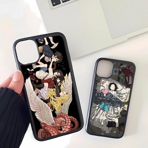 May include: Two black phone cases with anime-style illustrations. One case features figures with wings and an octopus, the other depicts a person in bed. The cases have a glossy finish.