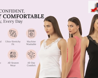 Débardeur décontracté avec bordure en dentelle, débardeurs confortables et habillés pour femmes, caraco en dentelle à la mode, coton extensible doux et durable, meilleur cadeau, cadeau de Noël