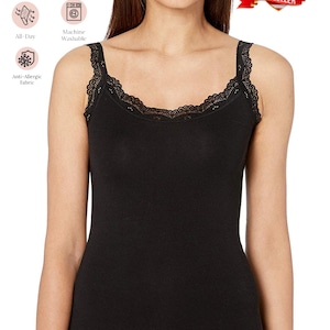 May include: Black camisole with lace trim along the neckline and straps. The top is a solid color and appears to be made of a soft, stretchy fabric. The image includes icons indicating all-season wear, ultra-stretchy fit, all-day wear, machine washable, and anti-allergic fabric.