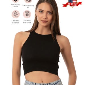 May include: A black crop top with a high neckline. The top is made of 100% natural cotton and is ultra-stretchy. The top is machine washable and provides all-day comfort. The image also includes a "US SELLER" graphic.
