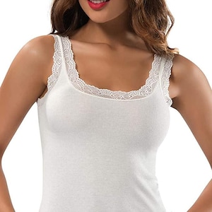 Natural Cotton Tank Top Lace Trim Ribbed Camisole for Women, Durable Comfy Soft Stretchy Cotton Comfort Casual Dressy Best Gift
