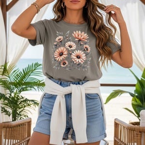 Peach Daisy Floral T-shirt, Dark Background Flower Clipart, Wildflower Bouquet Sublimation, Vintage Botanical Art, Boho Floral Print