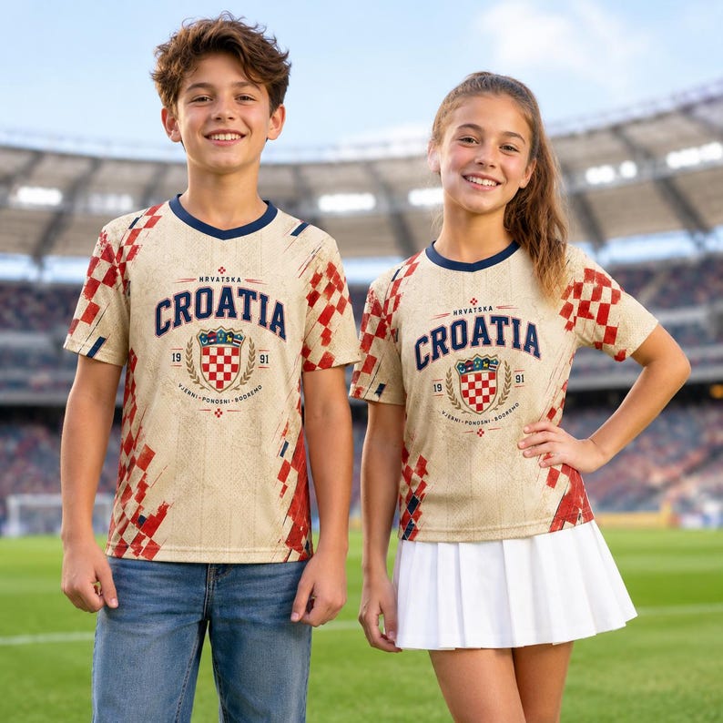 A young boy and girl wearing matching Croatia soccer jerseys stand together on a soccer field.