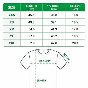 The image is a youth soccer jersey size chart that provides measurements for different jersey sizes, including chest, length, and sleeve size.
