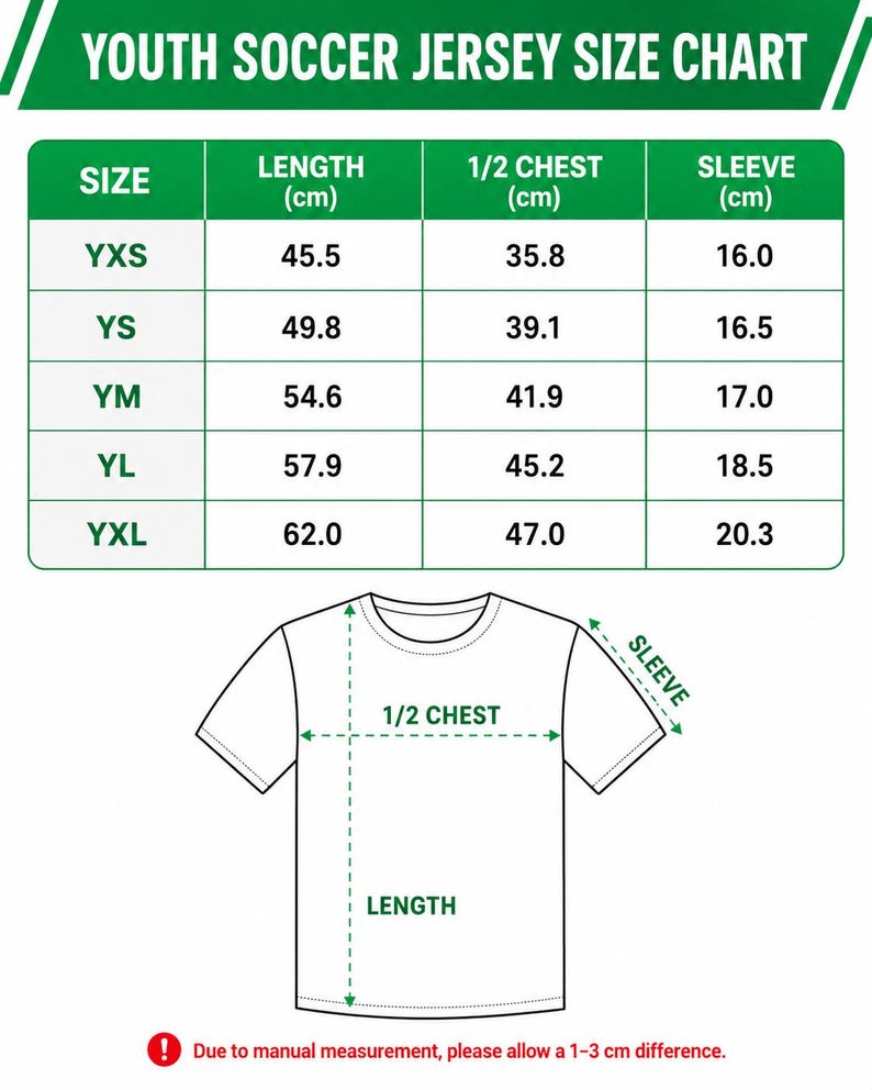 The image is a youth soccer jersey size chart that provides measurements for different jersey sizes, including chest, length, and sleeve size.
