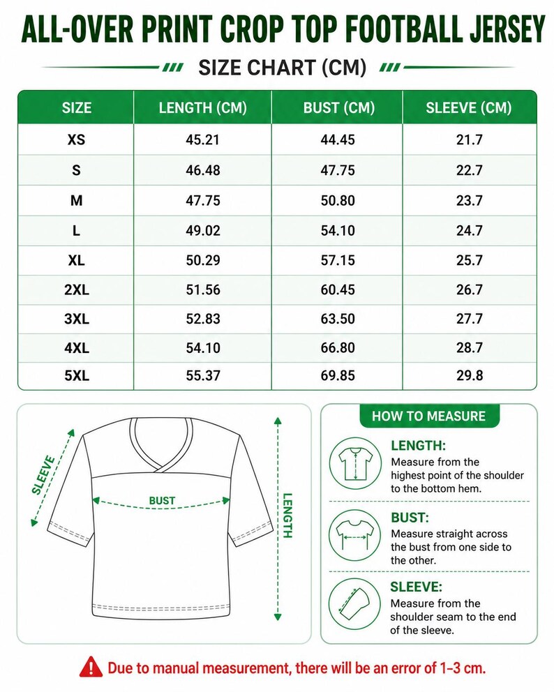 The image is a size chart for a crop top football jersey, providing measurements for different jersey sizes.
