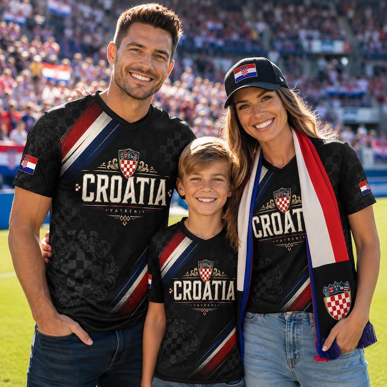 A man, a woman, and a child wearing black Croatia national team jerseys and a scarf are standing together and smiling at the camera.