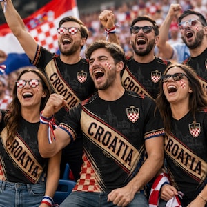 A group of enthusiastic Croatia fans, wearing black and red jerseys with the word "Croatia" prominently displayed, are cheering and celebrating at a sporting event.