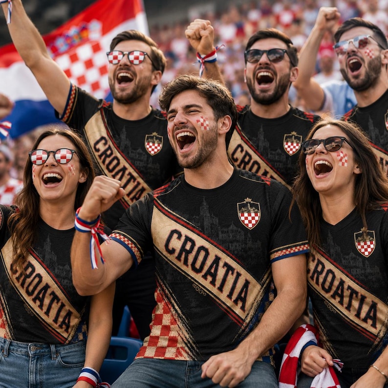 A group of enthusiastic Croatia fans, wearing black and red jerseys with the word "Croatia" prominently displayed, are cheering and celebrating at a sporting event.