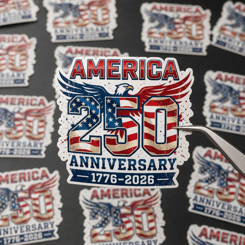 a sticker with the text "AMERICA 250 ANNIVERSARY 1776-2026" prominently displayed.