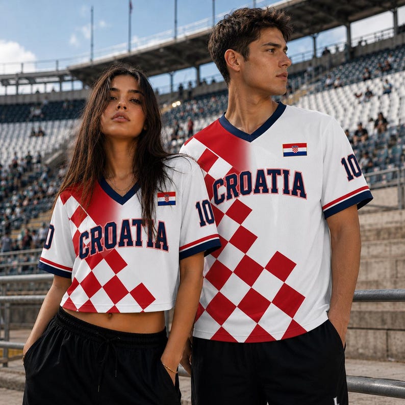 A young woman and a young man wearing matching Croatia soccer jerseys stand together in a stadium.