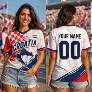 A woman wearing a white and red Croatia soccer jersey with the name "Your Name" and the number "00" printed on the back.