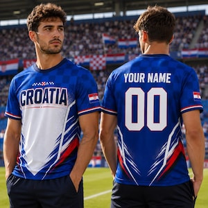 A man wearing a blue and white Croatia soccer jersey with the number 00, standing on a soccer field.