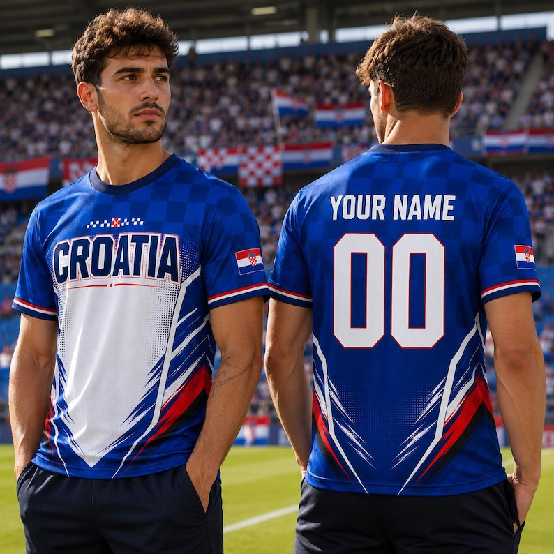 A man wearing a blue and white Croatia soccer jersey with the number 00, standing on a soccer field.