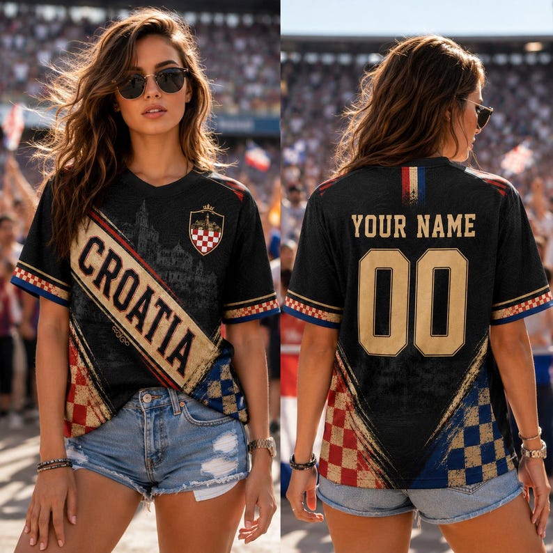 A woman wearing a black and red Croatia jersey with the number 00, standing in front of a crowd at a stadium.