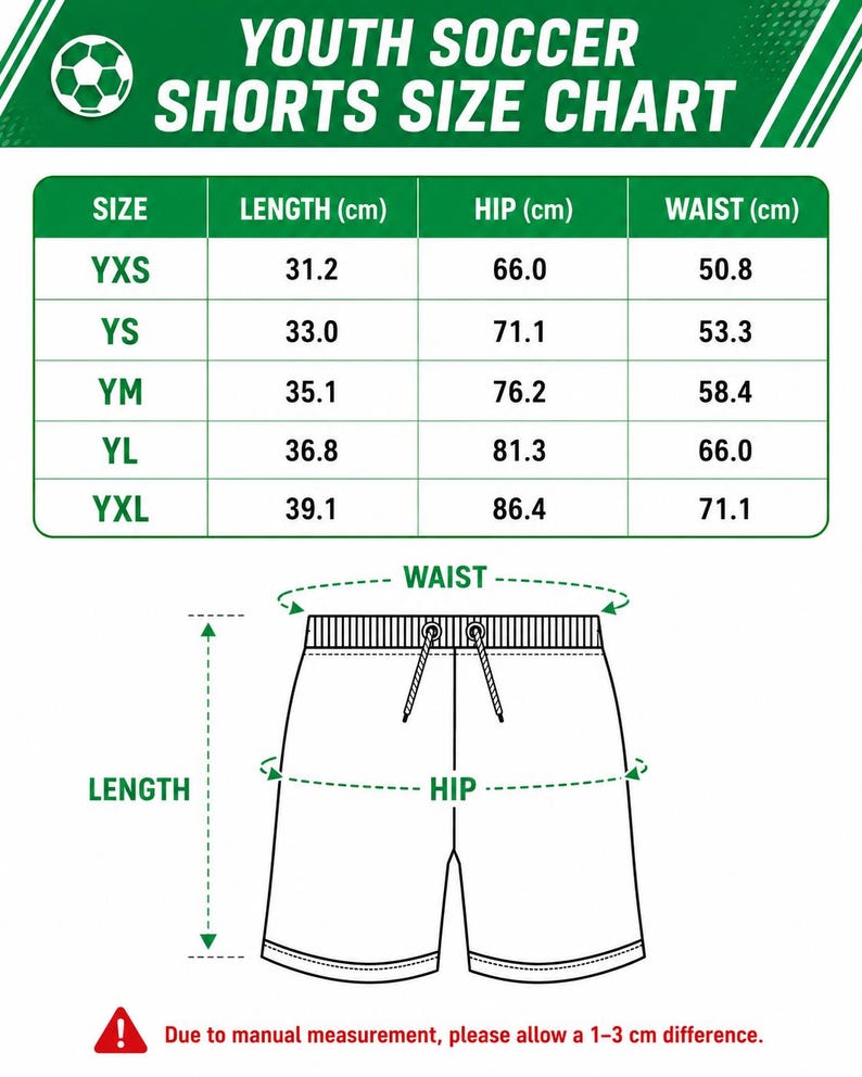 The image is a youth soccer shorts size chart that provides measurements for different sizes, including XS, YS, YM, YL, and XXL. The chart includes a diagram of the shorts with measurements for waist, hip, and length. The chart also includes a warning that due to manual measurement, a 1-3 cm difference is allowed.