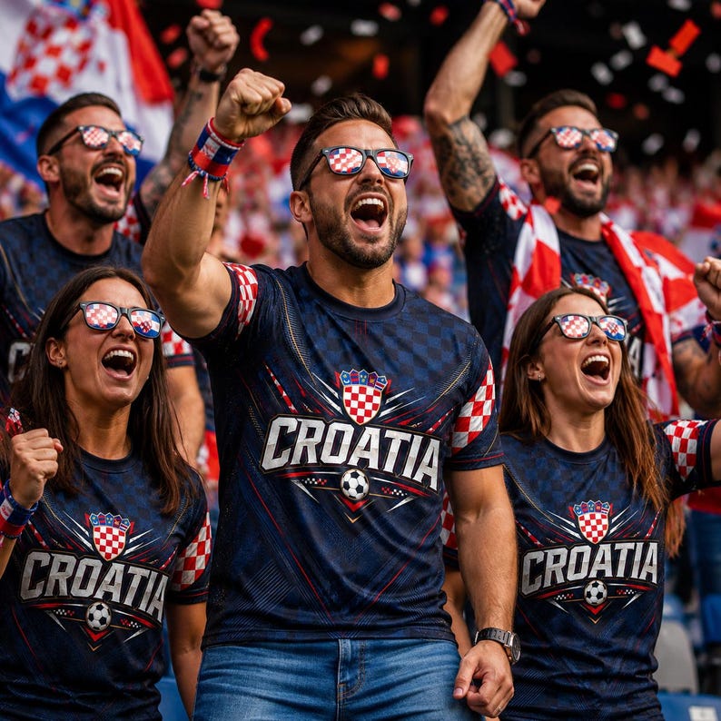A group of enthusiastic Croatia fans wearing matching team jerseys and cheering at a sporting event.