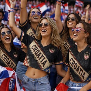 A group of women wearing Croatia national team jerseys and sunglasses are enthusiastically cheering at a sporting event.